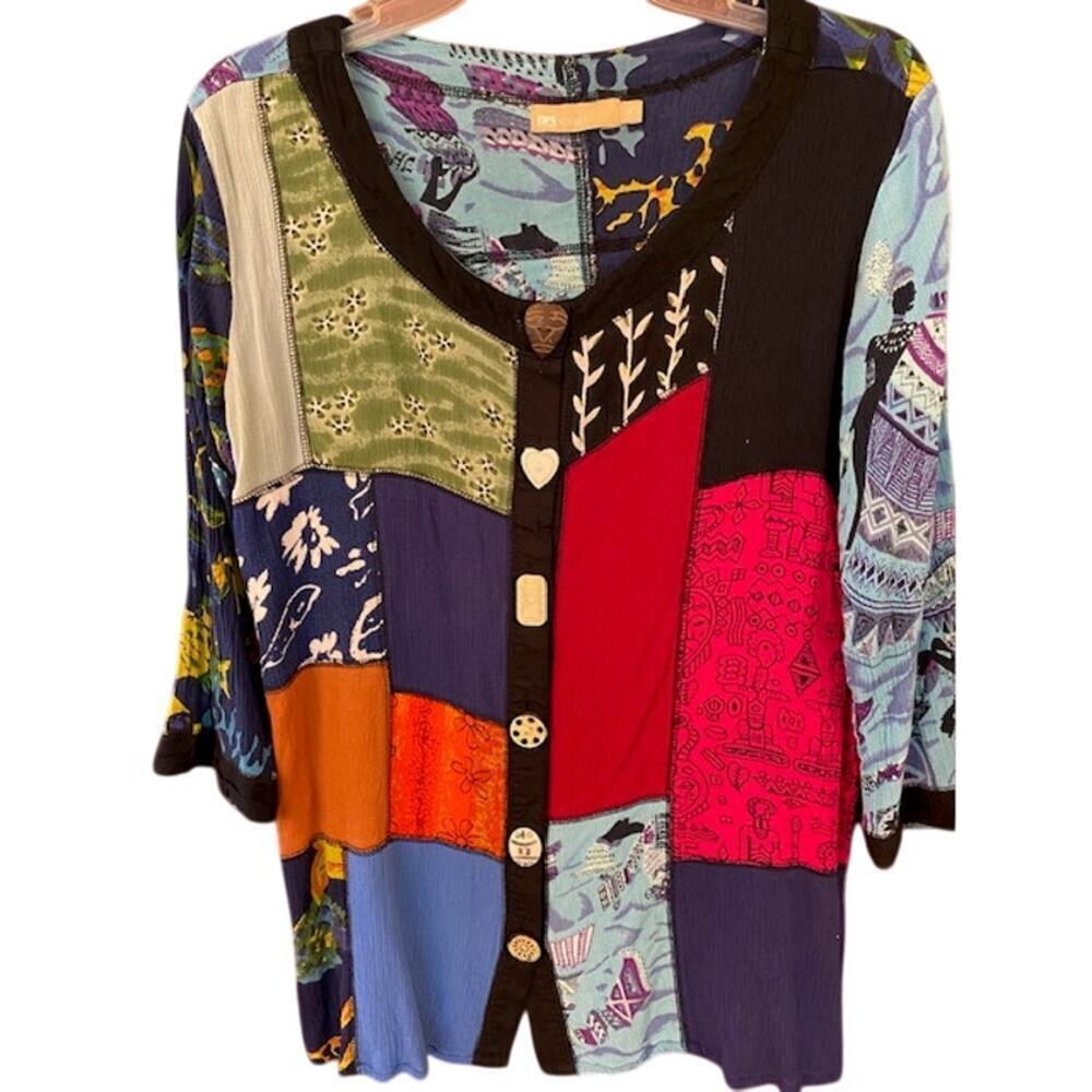 La Cera Tunic Blouse Womens Medium Artsy Wooden Button Patchwork Art to Wear